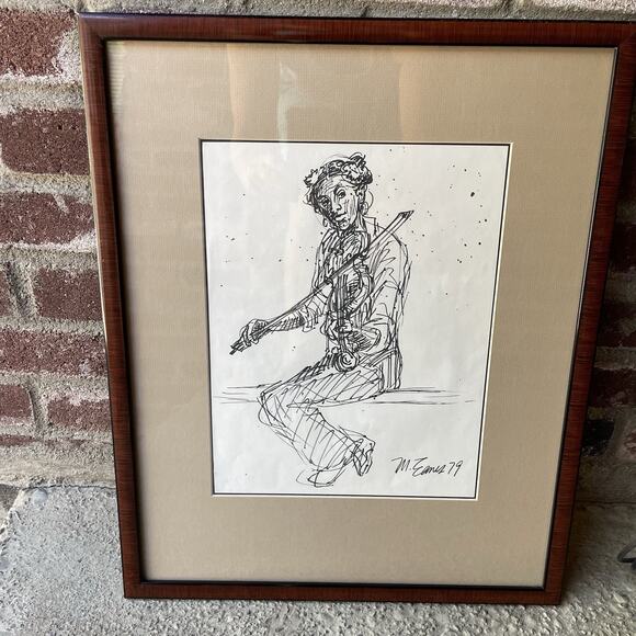 Violinist Musician Pencil Drawing Artist Signed Mark Eanes 1979 Wood Frame 17x21 - Picture 1 of 7